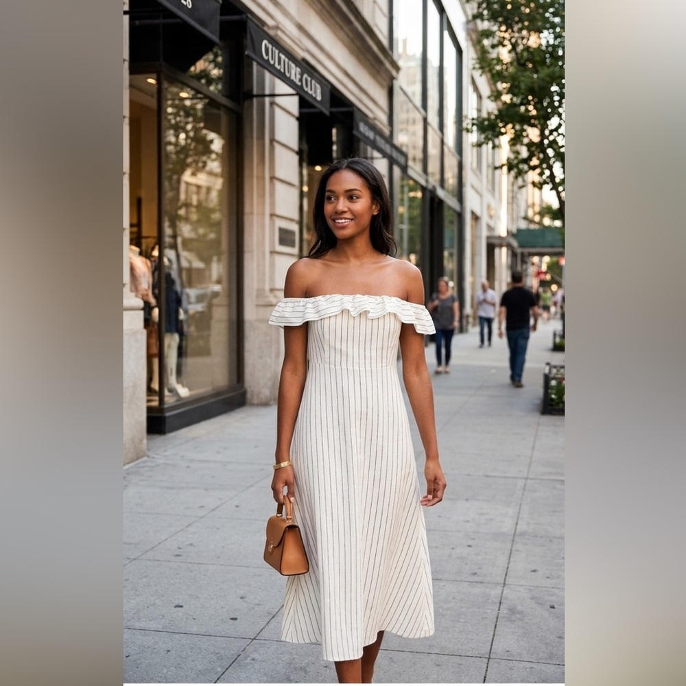 Ann Taylor Cream Striped Ruffle Linen Midi Dress